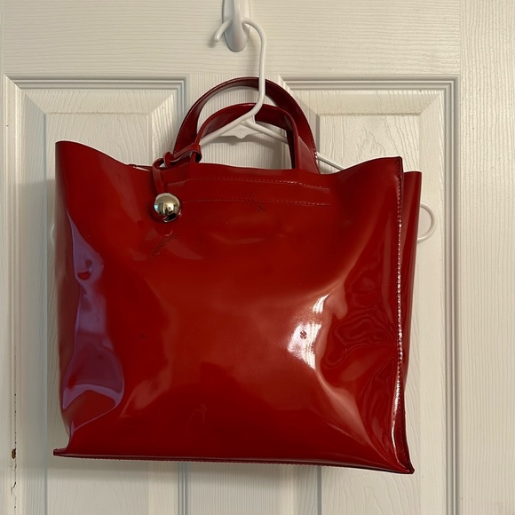 Furla Handbags - Furla Red Patent Leather Structured Divide It Tote Bag Silver Logo Charm